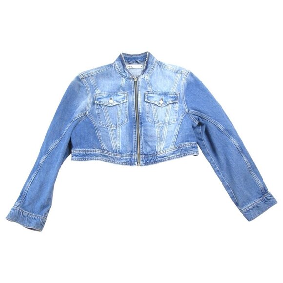 Zara Trucker Jacket Womens Medium Blue Denim Crop Flap Pocket Long Sleeve Zip-Up - Picture 1 of 7